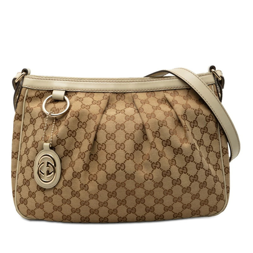Gucci GG Canvas Sukey Shoulder Bag Beige Cream Leather